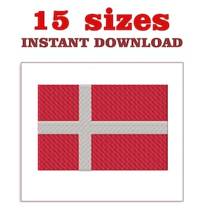 Könnte beinhalten: Gestickte dänische Flagge, rot mit weißem skandinavischem Kreuz. Das Bild enthält den Text "15 Größen" und "Sofort-Download" in roten und braunen Schriftarten. Die Flagge wird in einem weißen Rahmen präsentiert.