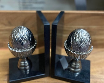 Silver Acorn Bookends in a Marble Base