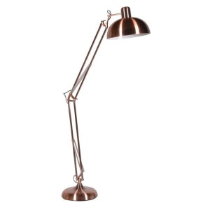 May include: A copper floor lamp with a long, adjustable arm and a round, dome-shaped shade.