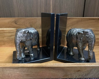 Silver Elephant Bookends With Marble Base