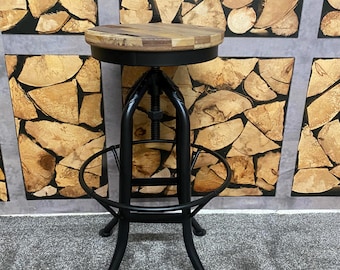 Reclaimed Wood & Metal Adjustable Height Stool