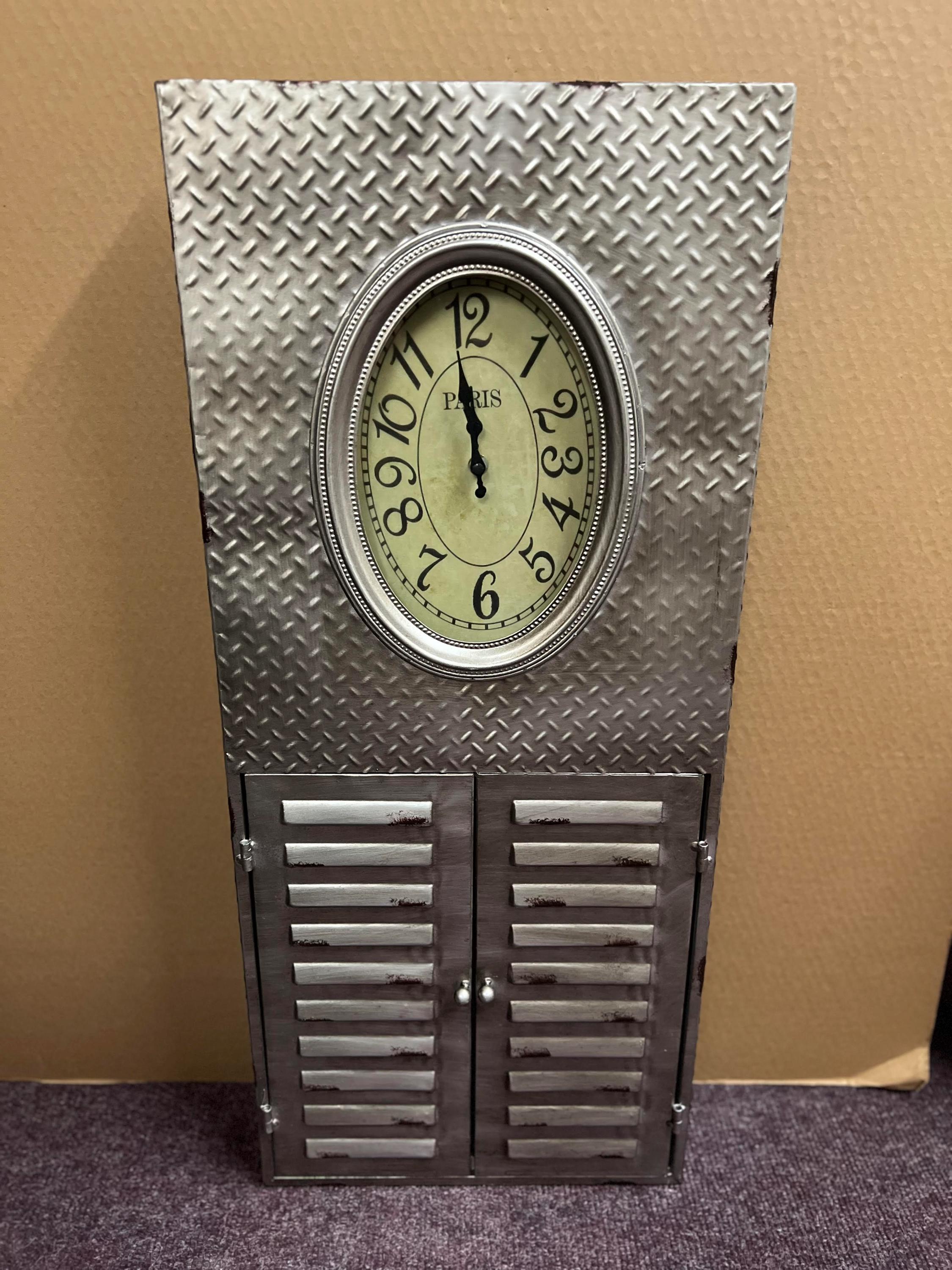 Iron Wall Clock with Key Hooks and Storage Doors