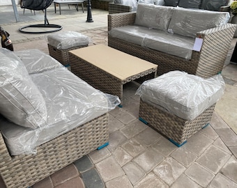 Gray Rattan Linen Garden Furniture Rattan Set 4 Piece Sofa Chairs Table Florence - Grey ...