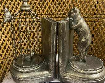 Cute Curious Cat & Bird Bookends - Silver or Gold Finish