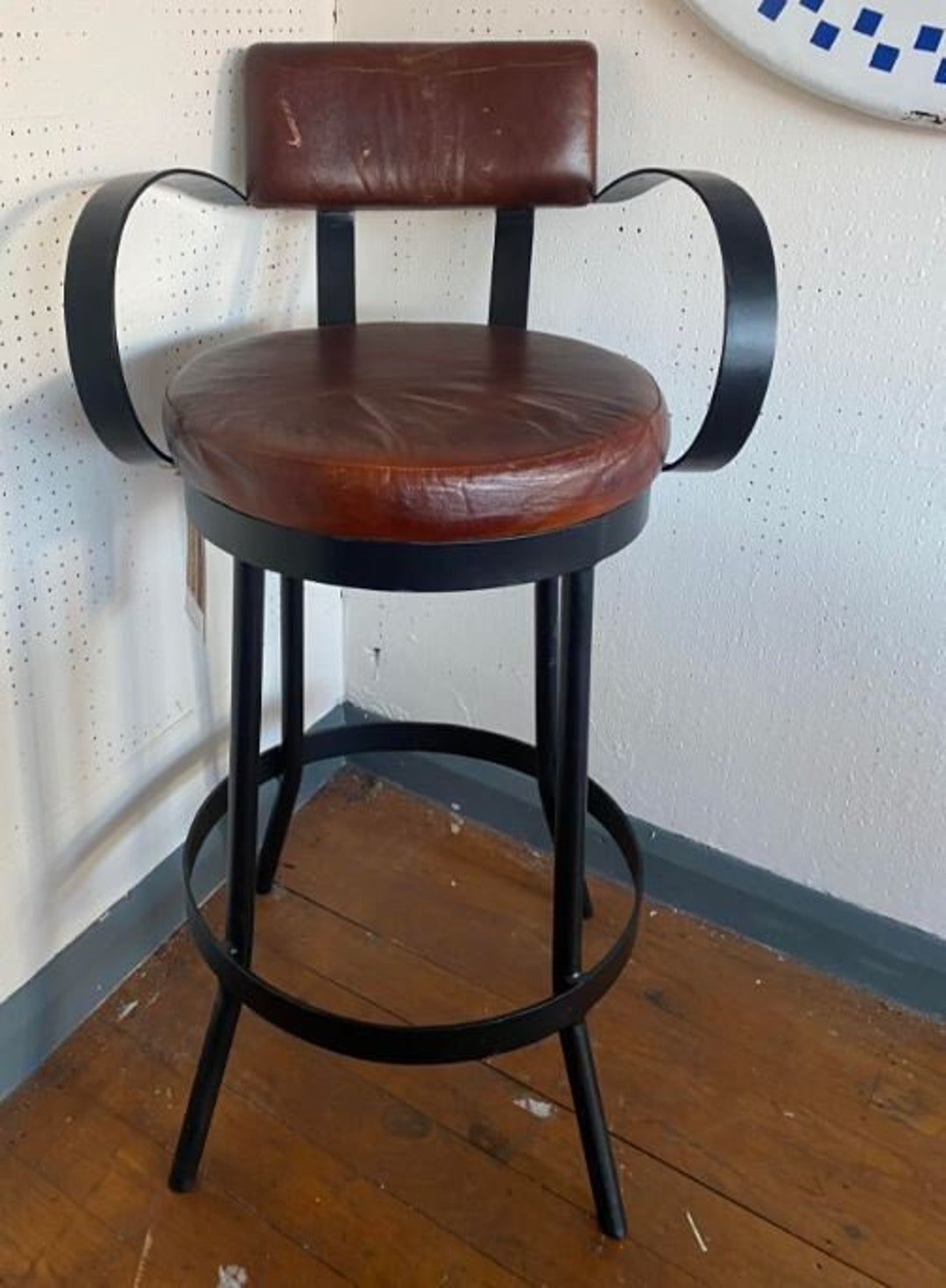 Unique Leather & Black Metal Bar Chair Vintage Style Etsy