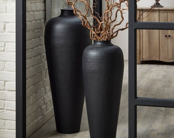 Handcrafted Black Hammered Steel Vase - Contemporary Metal Floor Vase