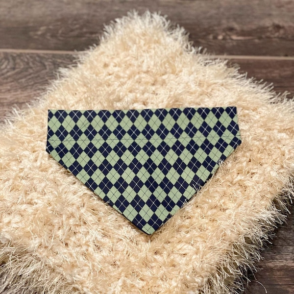 Dog Collar Bandana/Cat Collar Bandana/Argyle Print/Navy/Green/Gift for Pet/Over the Collar Bandana/Slide on Bandana/Dog Scarf/Cat Scarf