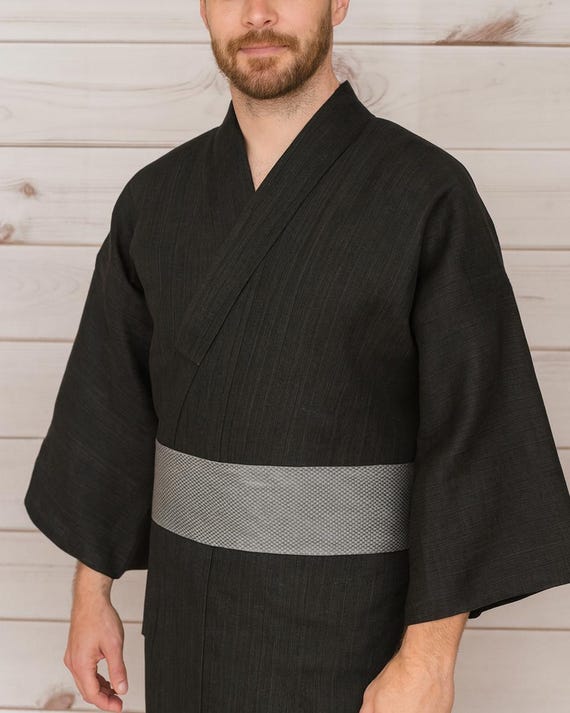 新作 メンズ浴衣セット 和装 夏着物 黒 麻 男性用着物 帯 - Etsy 日本