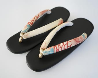 NEW Kimono Sandal, Japanese Zori Sandals, Black Wedge Sole with Floral Straps, Traditional Kimono Yukata Footwear