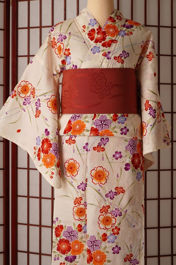 Japanese Kimono Yukata, Cream, Cherry Blossom, Sum
