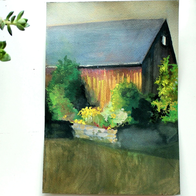 Rustic Barn Gouache Painting: Farmhouse Garden Wall Art (7x10 Inch) image 1
