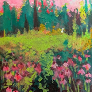 May include: An abstract landscape painting with a vibrant colour palette. The artwork features a pink sky, green trees, and a field of pink and red flowers. The brushstrokes are visible, creating a textured effect.