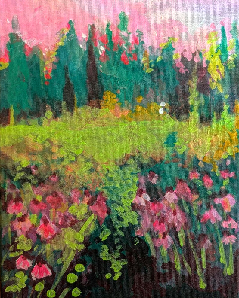 May include: An abstract landscape painting with a vibrant colour palette. The artwork features a pink sky, green trees, and a field of pink and red flowers. The brushstrokes are visible, creating a textured effect.