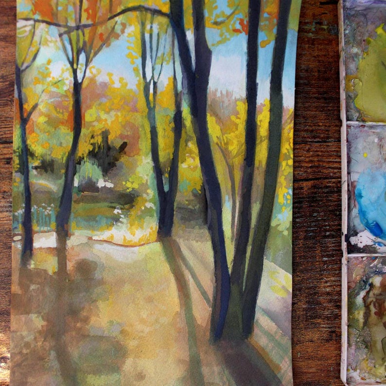 May include: Watercolor painting of a forest scene with tall trees and yellow leaves. The trees are painted in a dark blue color and the leaves are a bright yellow. The background is a light blue sky.