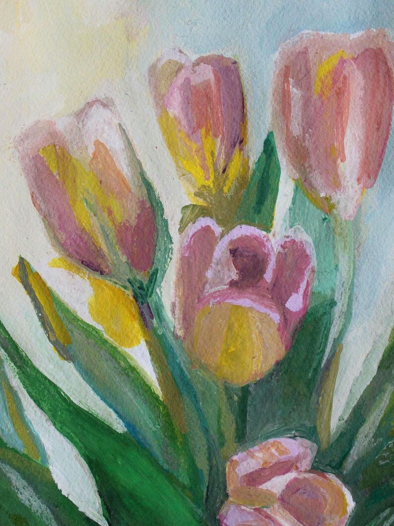 Tulip Bouquet Painting: Original Floral Gouache Art (11x14in) image 4