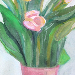 May include: A watercolor painting of a bouquet of tulips in a pink vase. The tulips are pink and yellow, with green leaves. The vase is a solid pink color. The background is a light, off-white color.