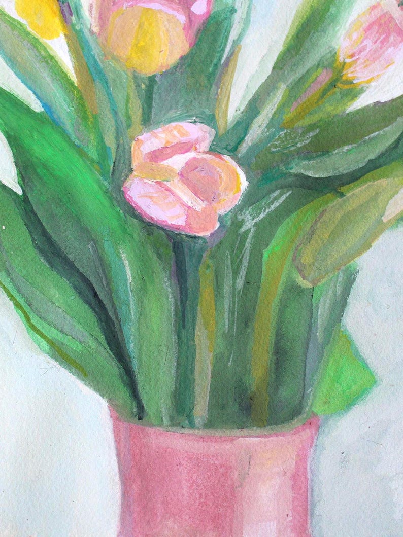May include: A watercolor painting of a bouquet of tulips in a pink vase. The tulips are pink and yellow, with green leaves. The vase is a solid pink color. The background is a light, off-white color.