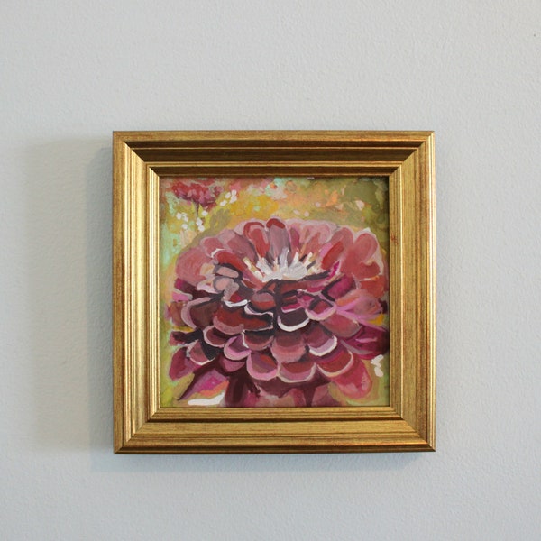 Gold FRAMED Original Abstract Floral Gouache Painting- 5"×5" Desktop or Wall Handmade Art / Gifts for Mom or Nature Lovers