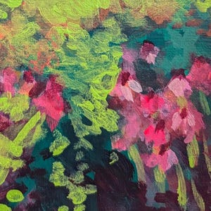 May include: Abstract floral painting with a vibrant colour palette. The artwork features strokes of neon green, hot pink, and deep teal, creating a dynamic and textured composition. The brushwork suggests a garden scene with flowers and foliage.