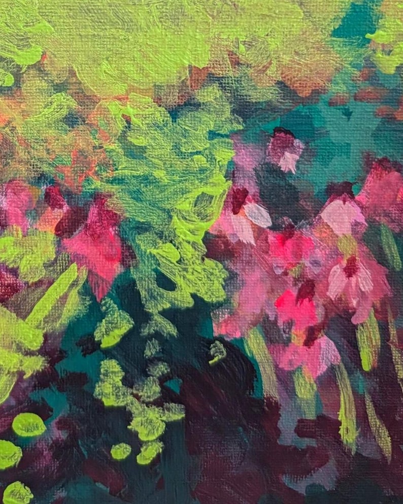 May include: Abstract floral painting with a vibrant colour palette. The artwork features strokes of neon green, hot pink, and deep teal, creating a dynamic and textured composition. The brushwork suggests a garden scene with flowers and foliage.