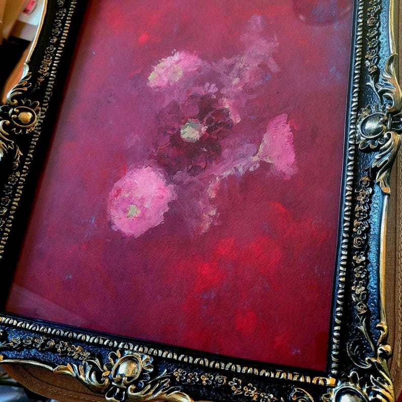 Gotisk röd blommig målning i utsmyckad svart ram | Original gouache- och akrylkonstverk 11x14 bild 4