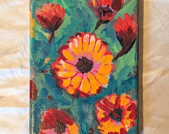 Colorful Impressionist Flowers - 5x7in Acrylic Original Fine Artwork on Canvas