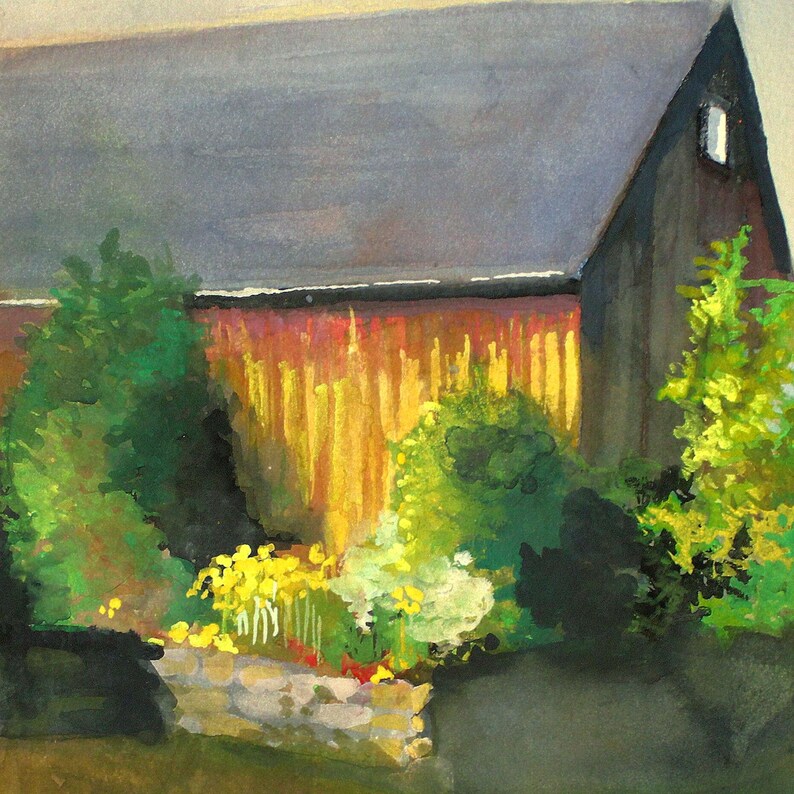 Rustic Barn Gouache Painting: Farmhouse Garden Wall Art (7x10 Inch) image 2