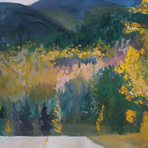 May include: An impressionistic landscape painting featuring a mountain range in the background. The foreground depicts a forest with a mix of green, yellow, and purple foliage. The painting has a soft, textured appearance.