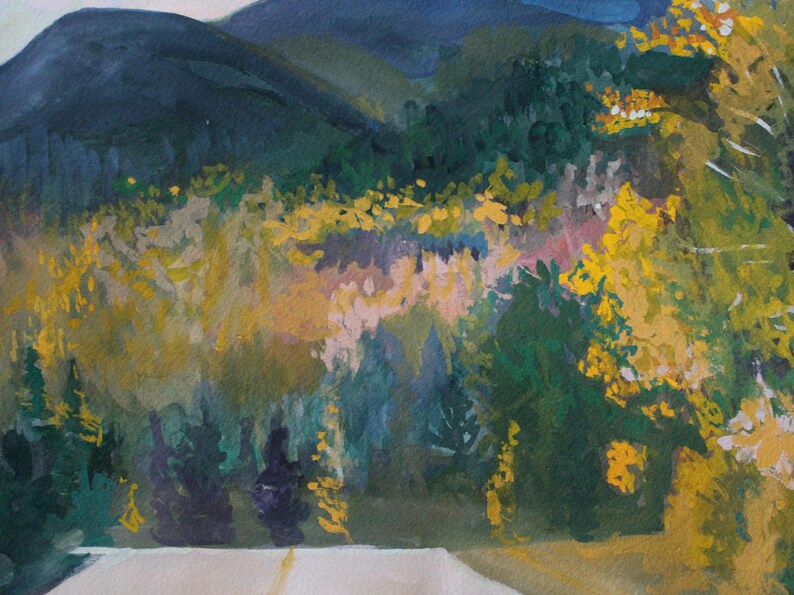 May include: An impressionistic landscape painting featuring a mountain range in the background. The foreground depicts a forest with a mix of green, yellow, and purple foliage. The painting has a soft, textured appearance.