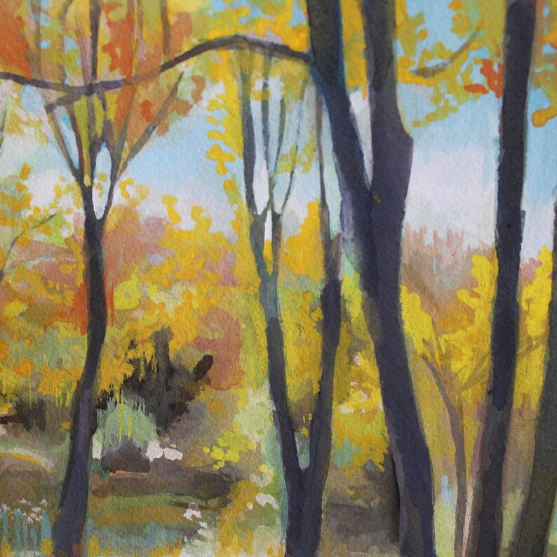 May include: A watercolor painting of a forest scene with tall trees and yellow leaves. The trees are painted in a dark blue color, and the leaves are a bright yellow. The background is a light blue sky.