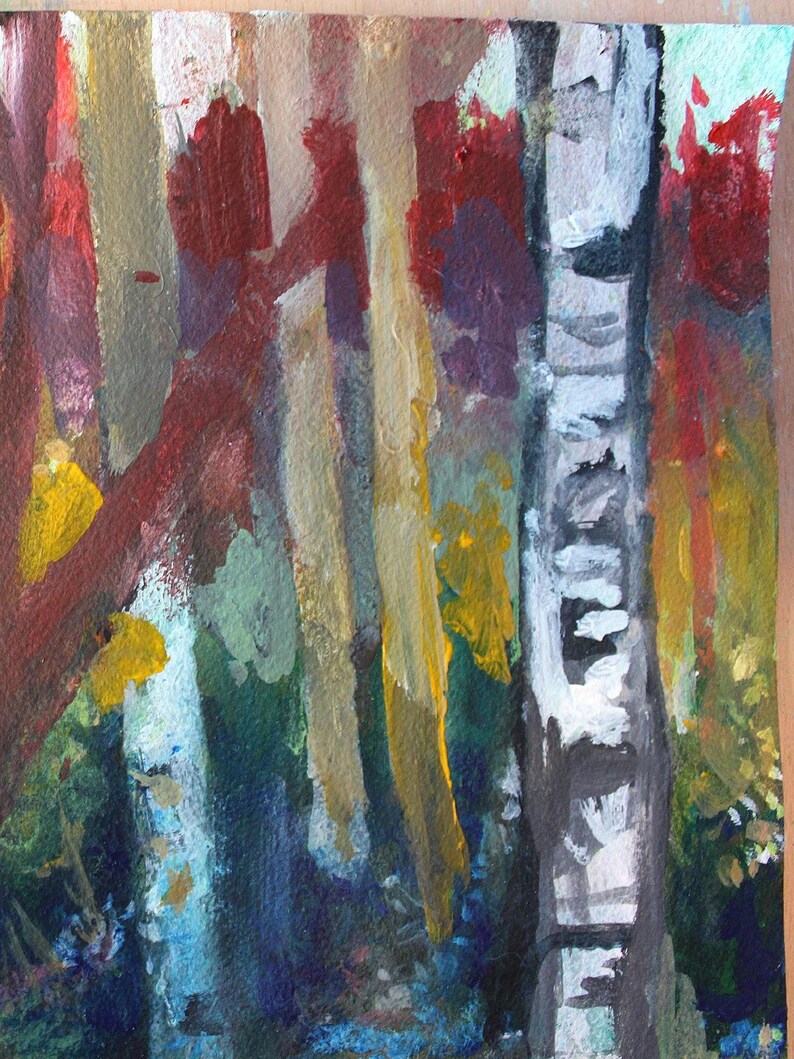 May include: An abstract painting of a forest scene. The artwork features vertical strokes of red, yellow, white, and gray, suggesting tree trunks. The background includes shades of blue, green, and purple, with visible brushstrokes and a textured appearance.
