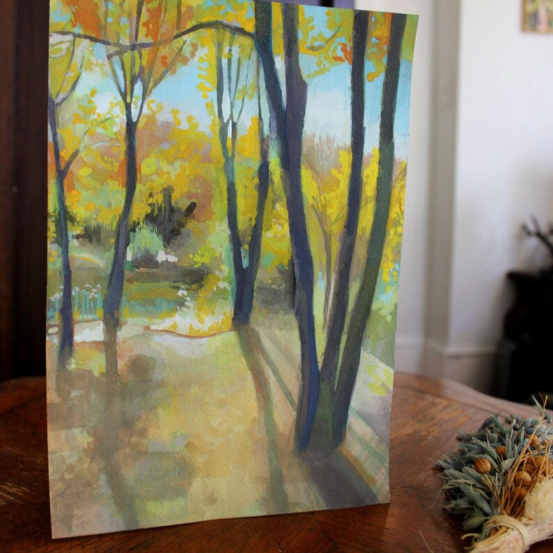 May include: A watercolor painting of a forest scene with tall trees and yellow leaves. The trees are painted in a dark blue color with long shadows cast on the ground.