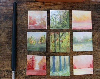 Miniature Landscape Art - 1.5" Square Pocket Paintings 9 Piece Set,Handmade Art, Colorful Abstract Landscape - Gifts For Mom/Decoration