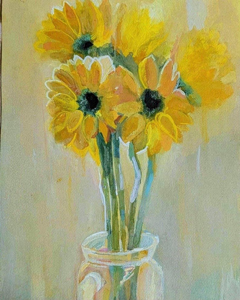 Pintura original de girasoles: Bodegón floral en técnica mixta, 11x14 imagen 1