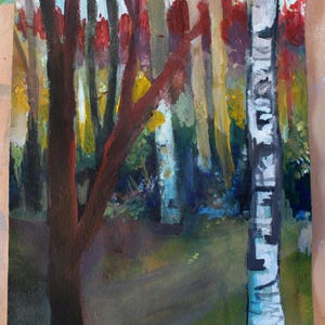 May include: An original acrylic painting of a forest scene. The artwork features a path leading into a colorful forest with trees in shades of brown, red, yellow, and green. A birch tree with black and white bark is on the right.