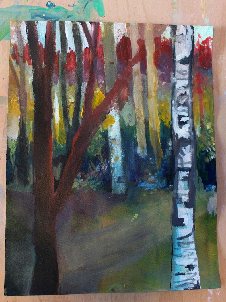 May include: An original acrylic painting of a forest scene. The artwork features a path leading into a colorful forest with trees in shades of brown, red, yellow, and green. A birch tree with black and white bark is on the right.