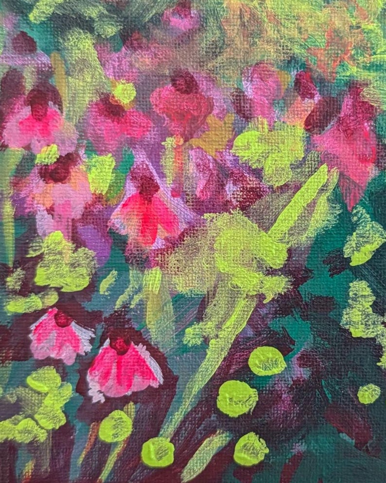 May include: An abstract painting depicting a garden scene. The artwork features vibrant pink and red flowers with green and yellow foliage against a dark green background. The brushstrokes are visible, creating a textured effect.