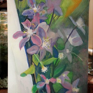 May include: Watercolor painting of a bouquet of purple and pink flowers with green leaves. The flowers are in a vase and the background is a light green.