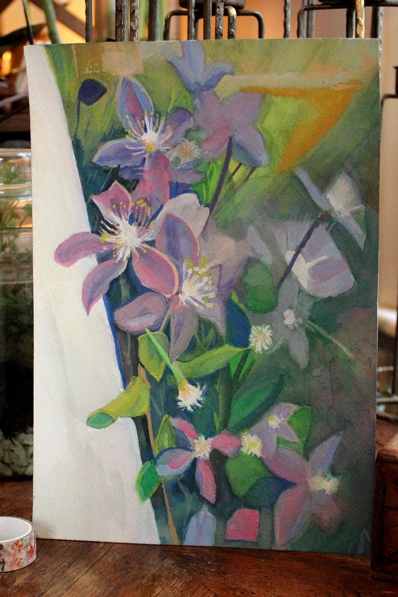 May include: Watercolor painting of a bouquet of purple and pink flowers with green leaves. The flowers are in a vase and the background is a light green.