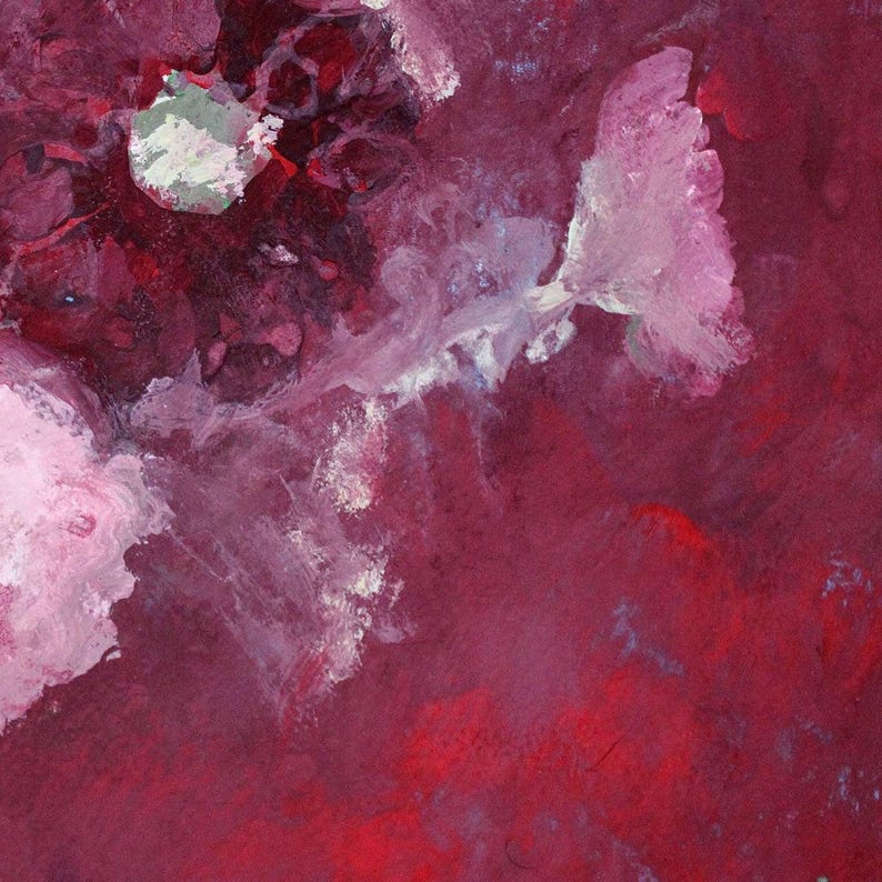 Gotisk röd blommig målning i utsmyckad svart ram | Original gouache- och akrylkonstverk 11x14 bild 8