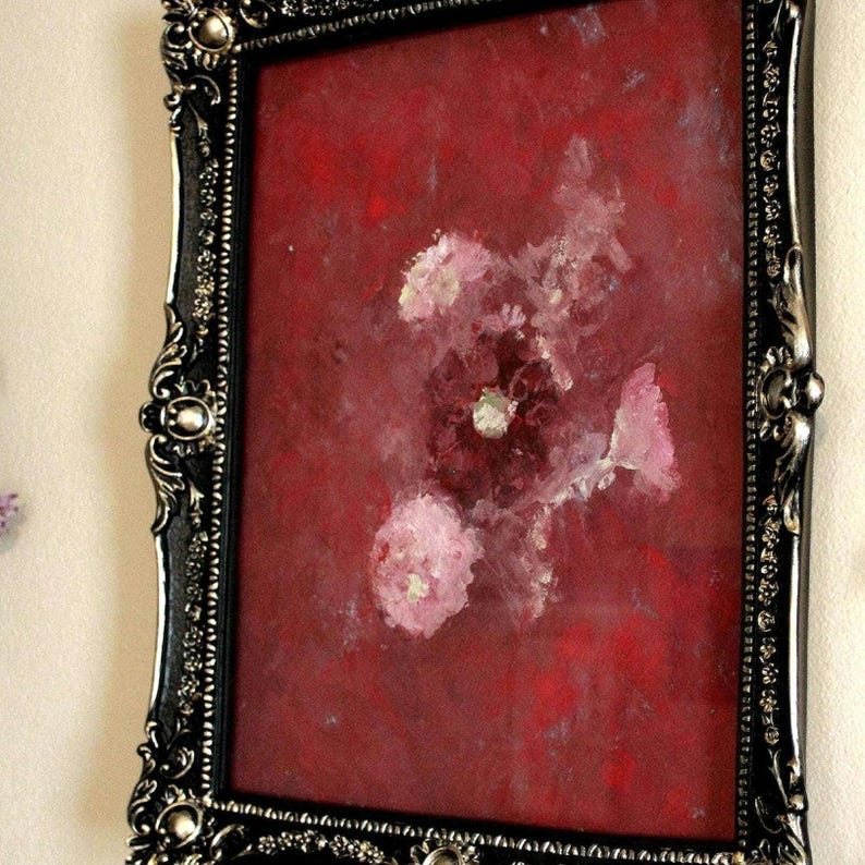 Gotisk röd blommig målning i utsmyckad svart ram | Original gouache- och akrylkonstverk 11x14 bild 5