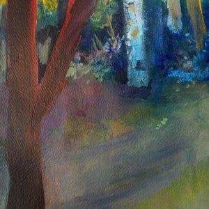 May include: An abstract painting of a forest scene. The artwork features a dark brown tree trunk on the left, with a path leading into the forest. The colors include shades of green, blue, yellow, and brown.