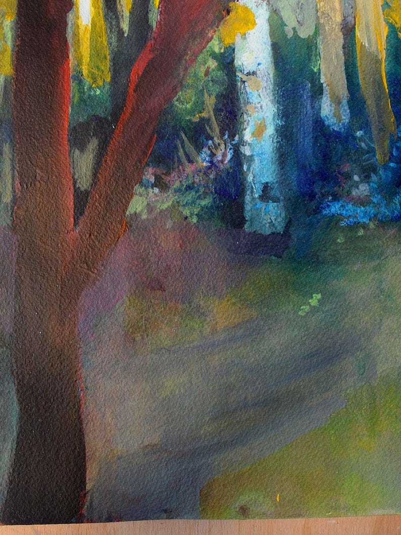 May include: An abstract painting of a forest scene. The artwork features a dark brown tree trunk on the left, with a path leading into the forest. The colors include shades of green, blue, yellow, and brown.