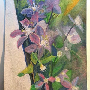 Original Floral Gouache Painting: Purple Flowers Landscape Art (7x10in) image 3