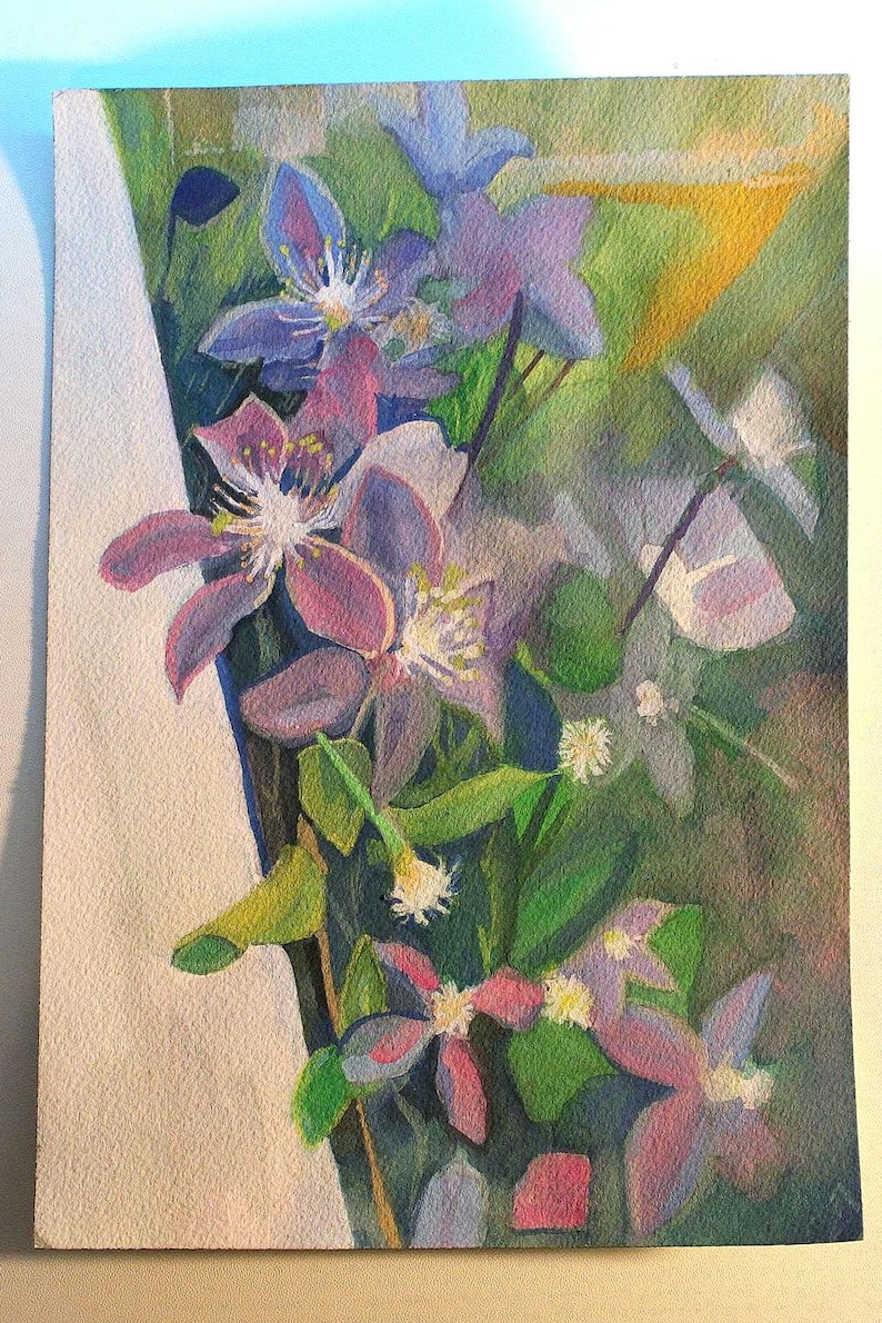 Original Floral Gouache Painting: Purple Flowers Landscape Art (7x10in) image 3