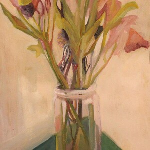 May include: An impressionistic painting of a bouquet of flowers in a clear glass jar. The flowers are pink, yellow, and purple, with green stems and leaves. The jar sits on a green surface, with a slice of orange fruit in the foreground.