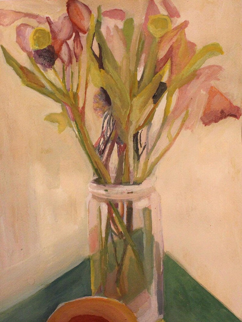 May include: An impressionistic painting of a bouquet of flowers in a clear glass jar. The flowers are pink, yellow, and purple, with green stems and leaves. The jar sits on a green surface, with a slice of orange fruit in the foreground.