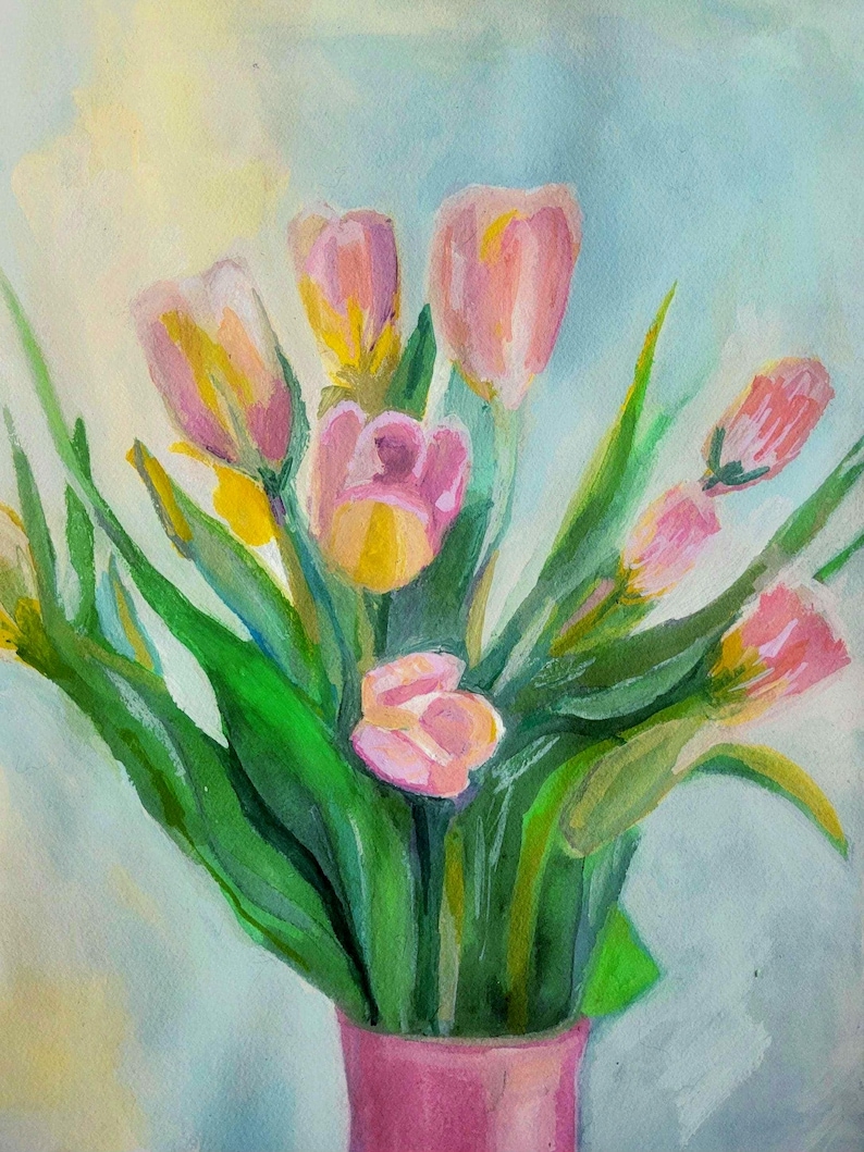 Tulip Bouquet Painting: Original Floral Gouache Art (11x14in) image 1