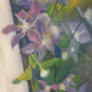 May include: A watercolor painting of a bouquet of purple and white flowers with green leaves. The flowers are in various stages of bloom, with some fully open and others still in bud.