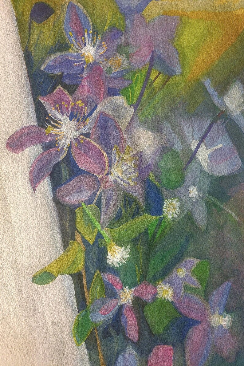 May include: A watercolor painting of a bouquet of purple and white flowers with green leaves. The flowers are in various stages of bloom, with some fully open and others still in bud.